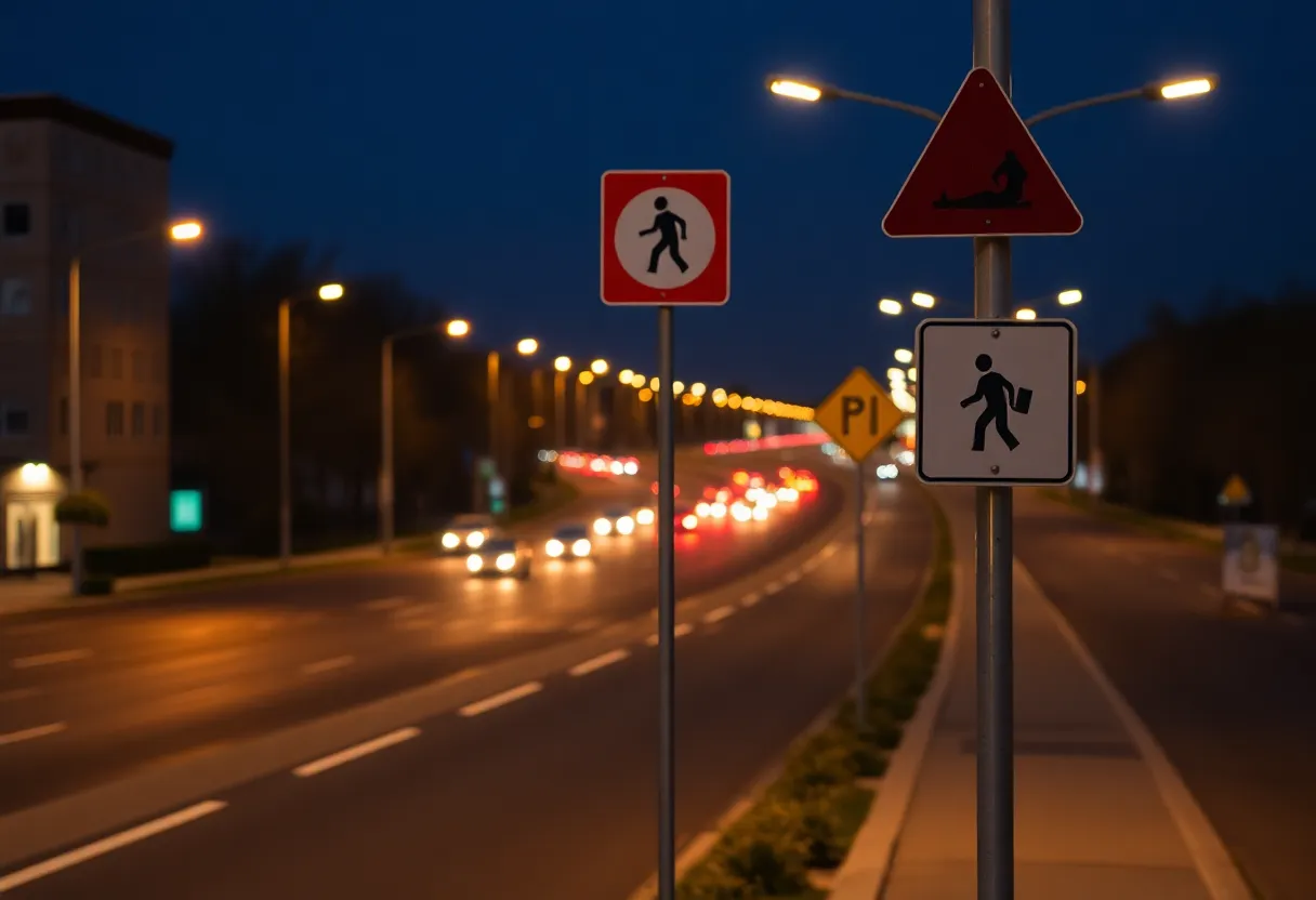 Nighttime view of a busy road with pedestrian safety signs.
