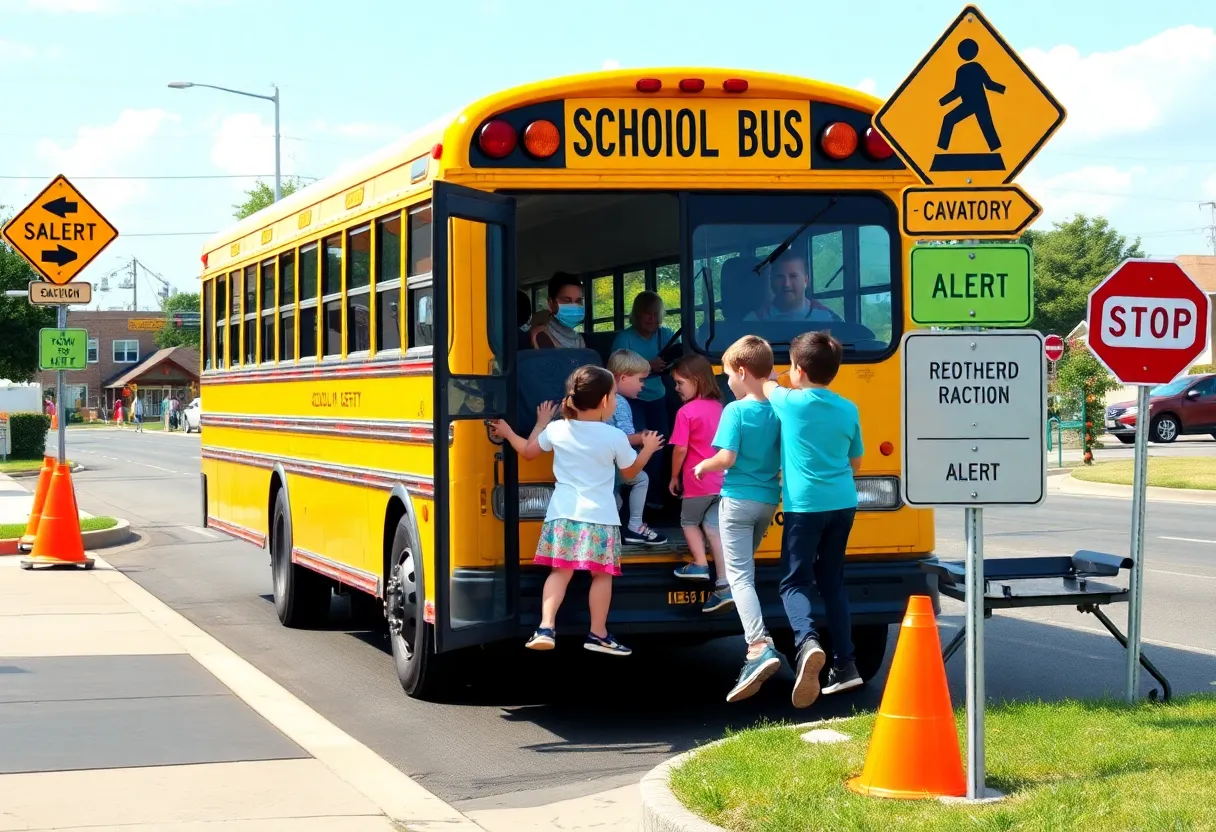 Children boarding a school bus safely in a community setting