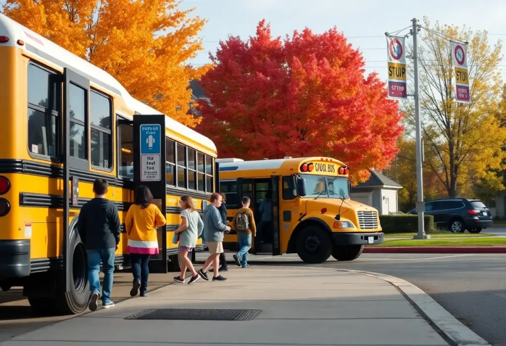 School bus with children boarding safely during school bus safety awareness week.