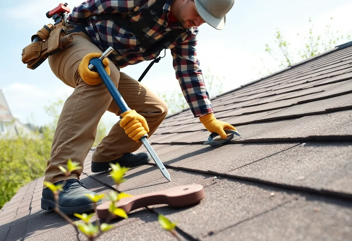 Person inspecting a roof for maintenance during spring