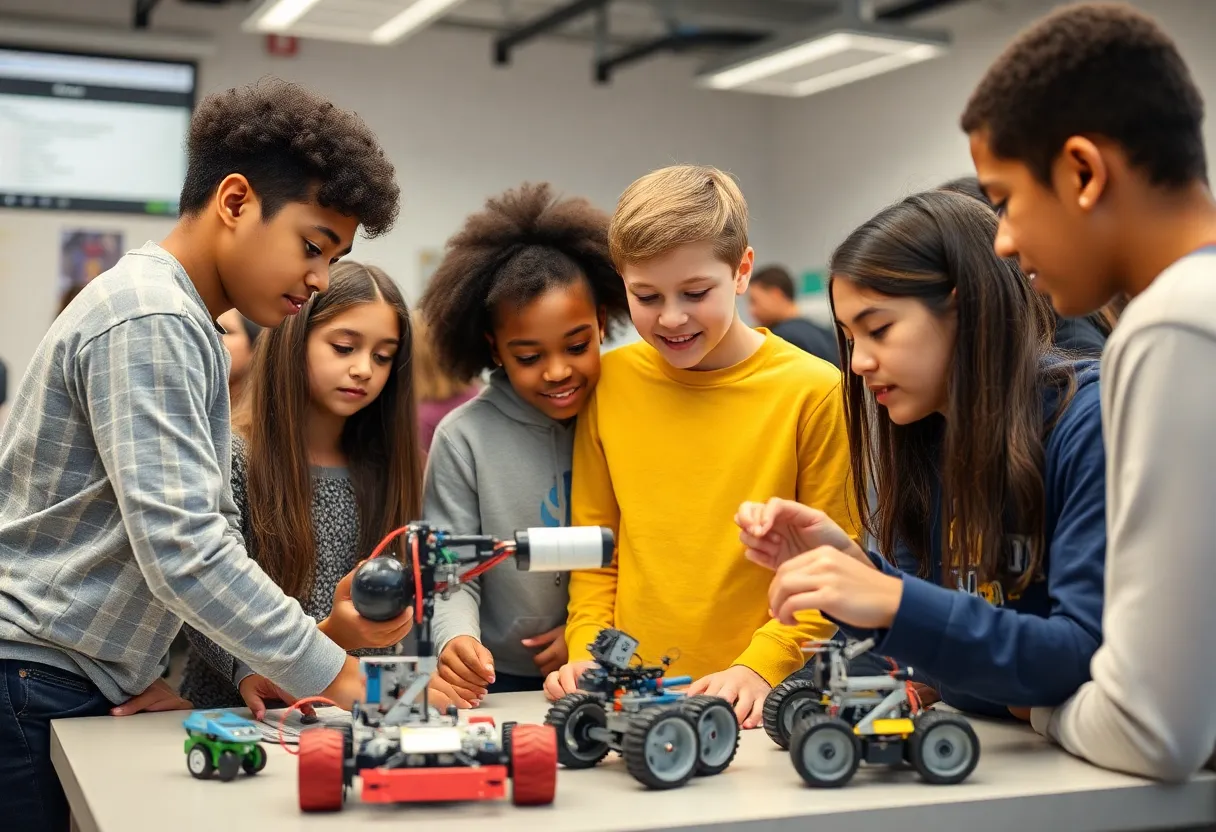 Group of students working on robotics project in classroom