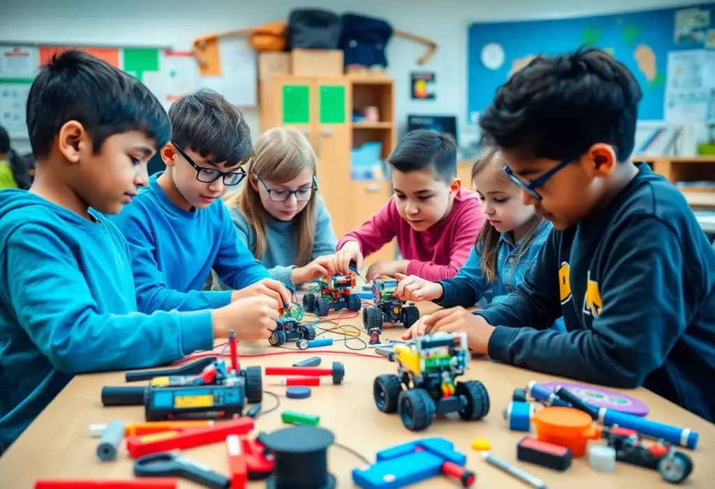 Students working on robotics projects in a classroom environment.