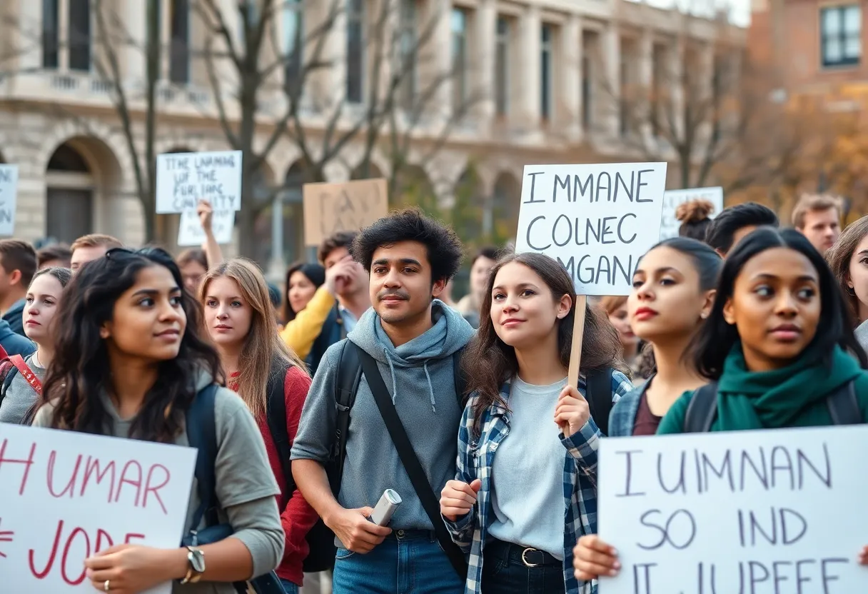 Group of diverse students protesting for human rights at Columbia University.