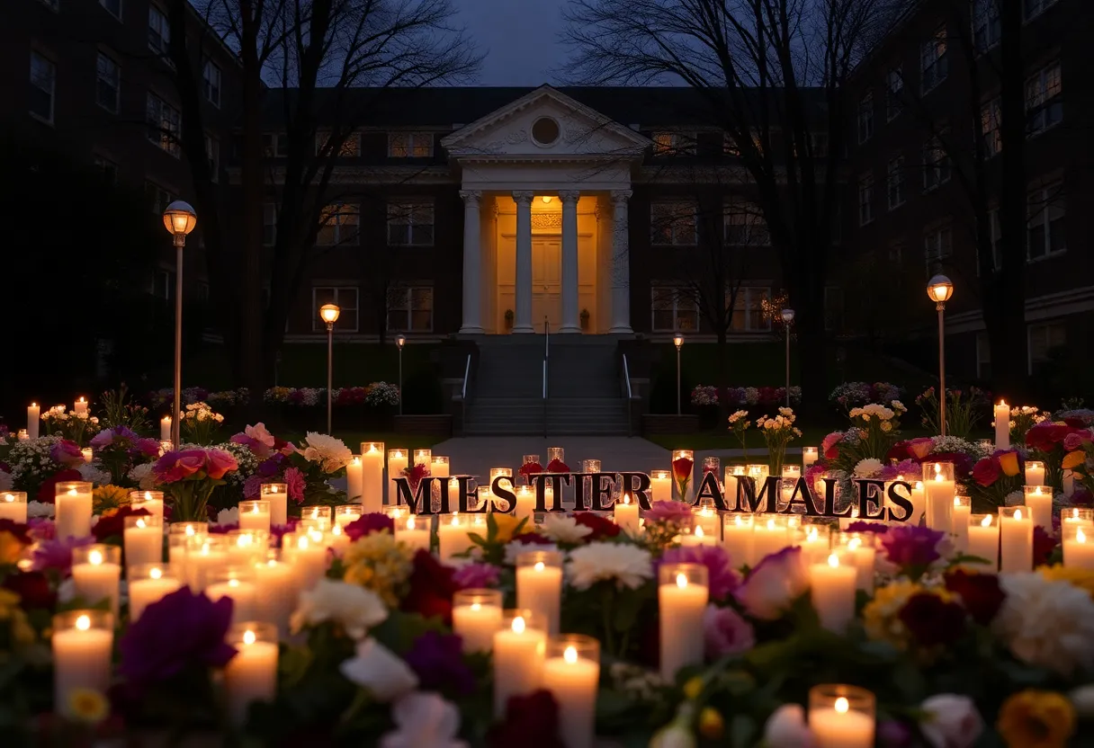 Vigil candles and flowers honoring Logan Federico