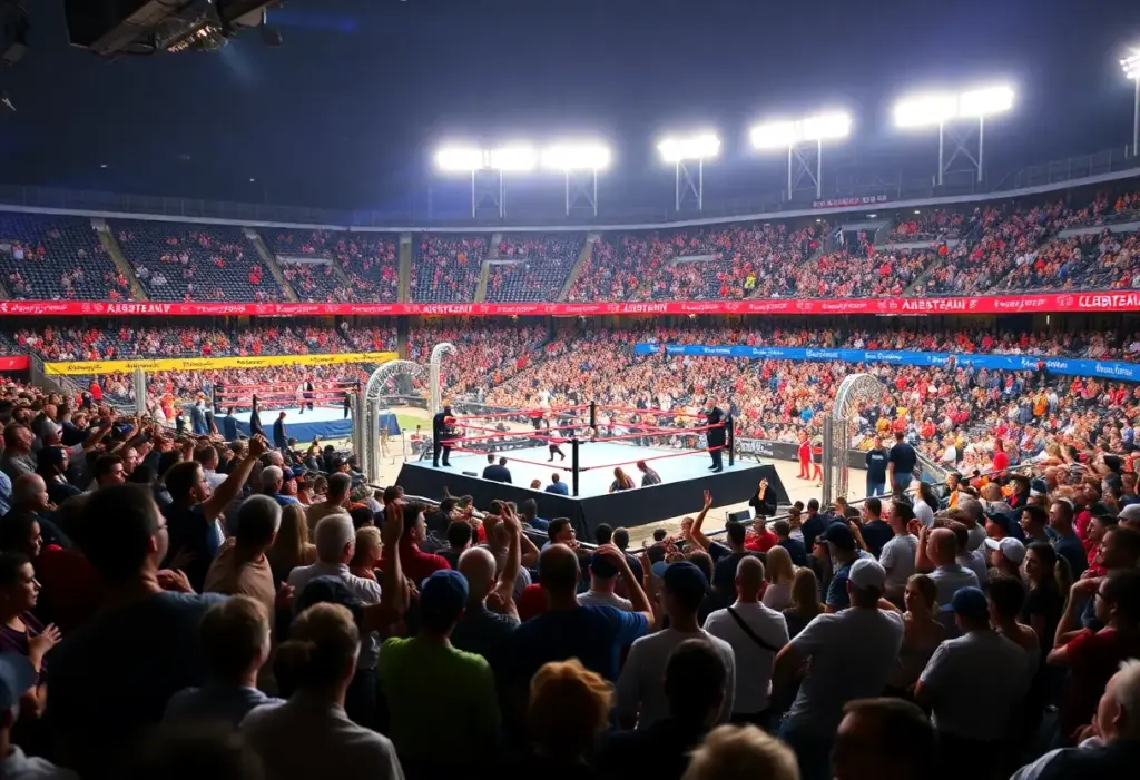 Family-friendly wrestling event at the Lexington County Baseball Stadium with enthusiastic fans.