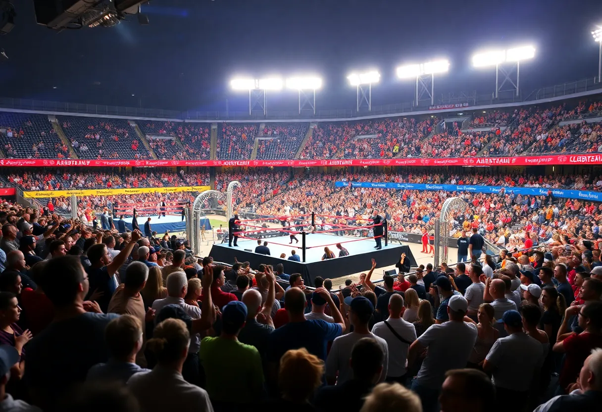 Family-friendly wrestling event at the Lexington County Baseball Stadium with enthusiastic fans.