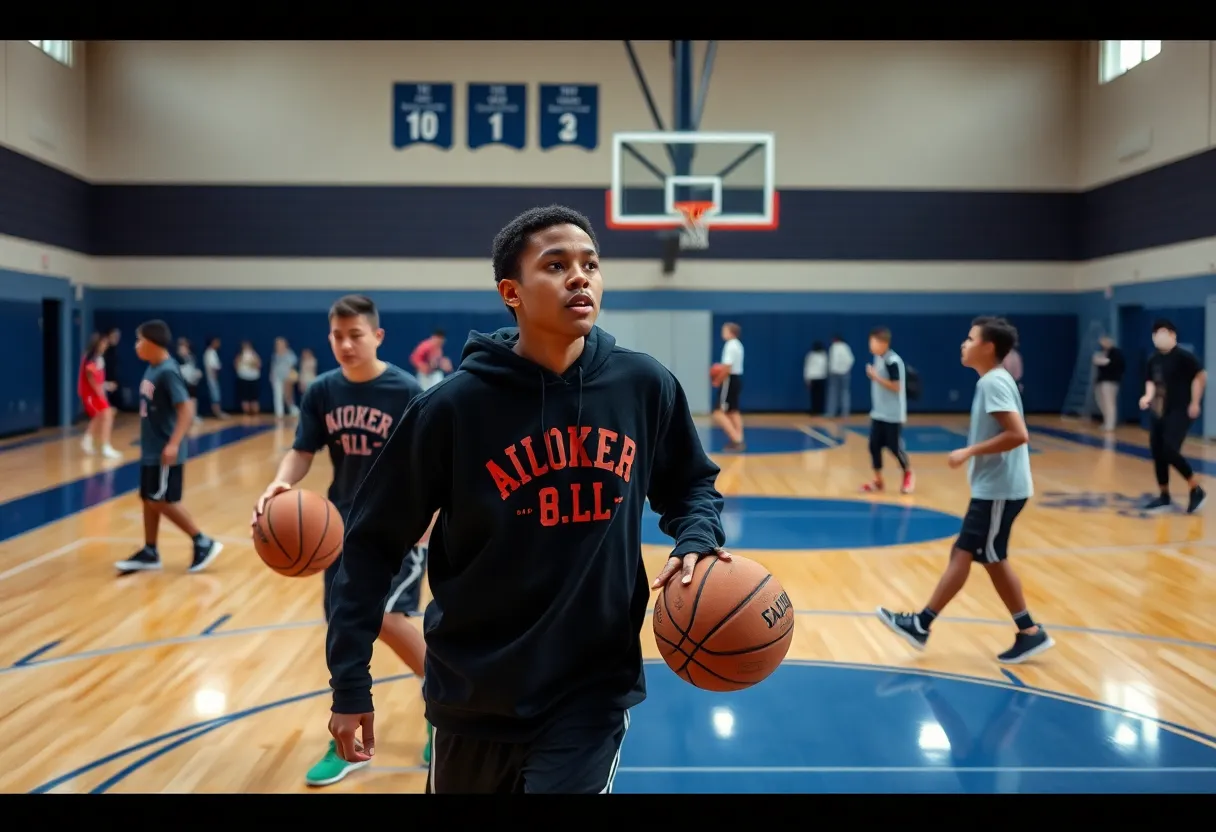 High school basketball players practicing together on the court