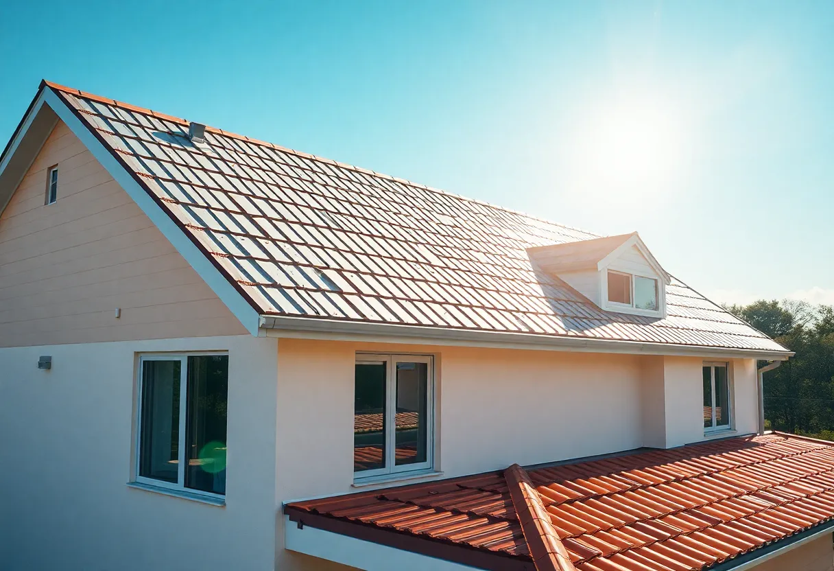 A beautiful house with energy-efficient reflective roofing in a sunny environment.
