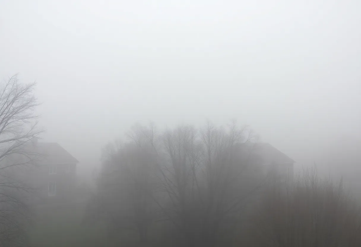Dense fog covering a street in Lexington SC on a chilly morning