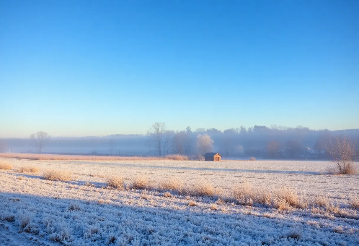 Clear skies and frost-covered landscape in Lexington SC
