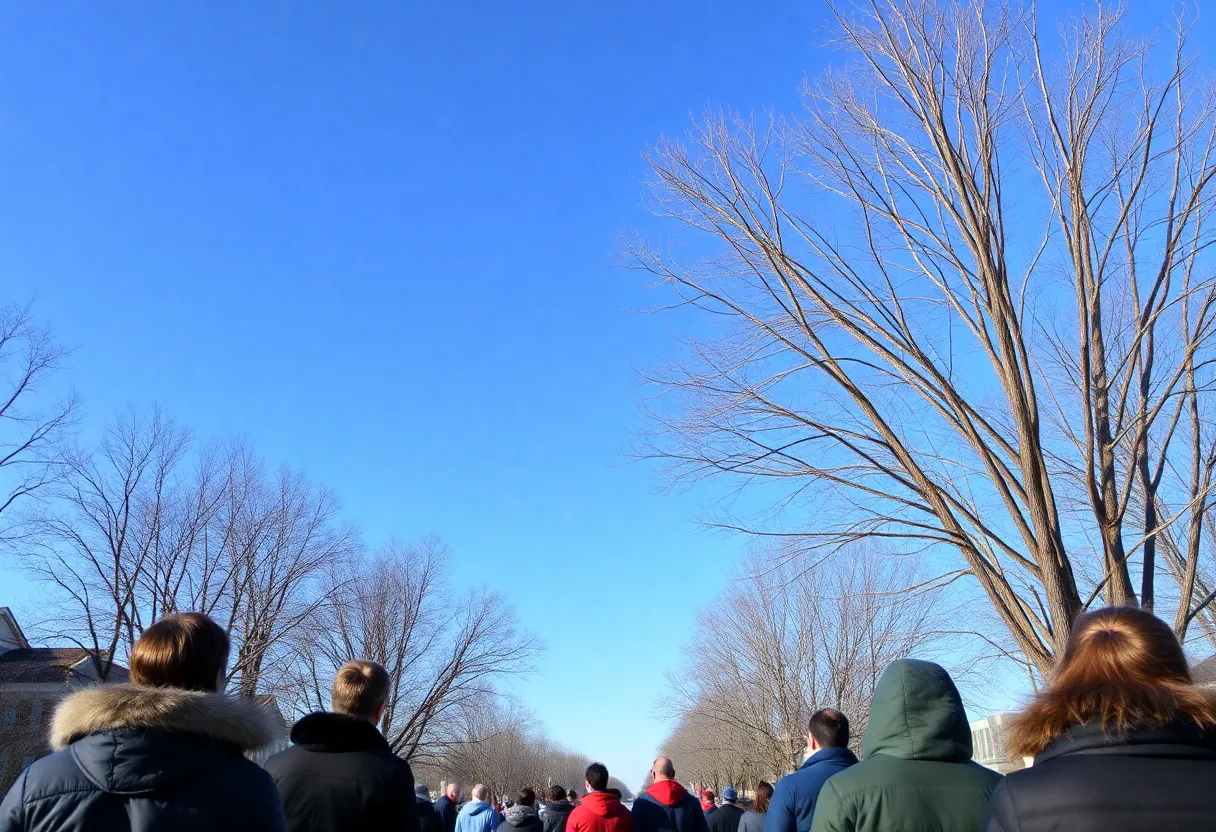 A winter scene in Lexington SC with clear skies and people dressed warmly