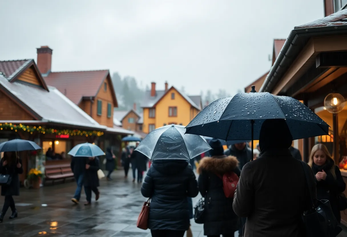 A rainy day depicting umbrellas and warm clothing in Lexington, SC