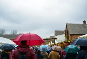 Crowd enjoying the Snowball Festival under cloudy and rainy weather in Lexington SC