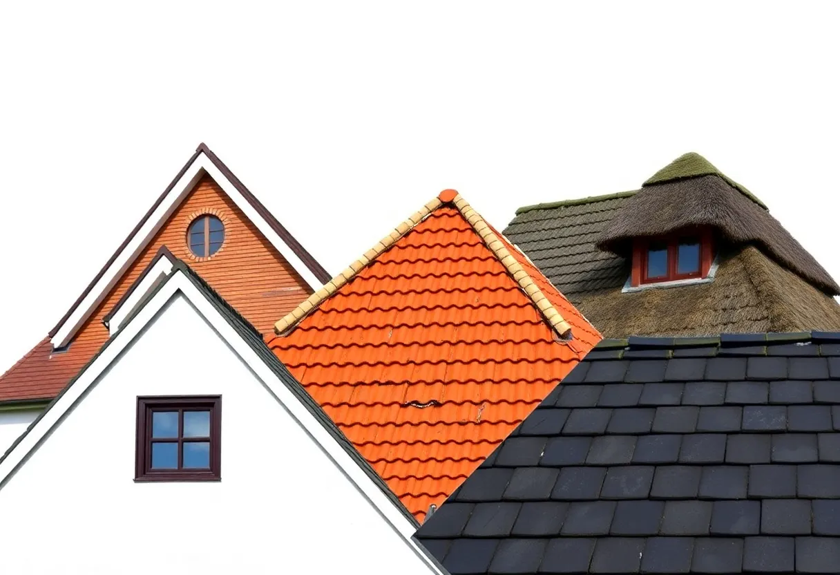 Different roofing styles including gable, flat, and slate roofs.