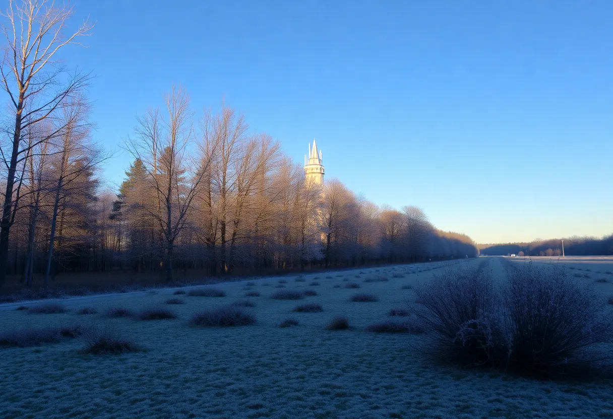 Clear winter morning in Lexington, SC with frost and trees