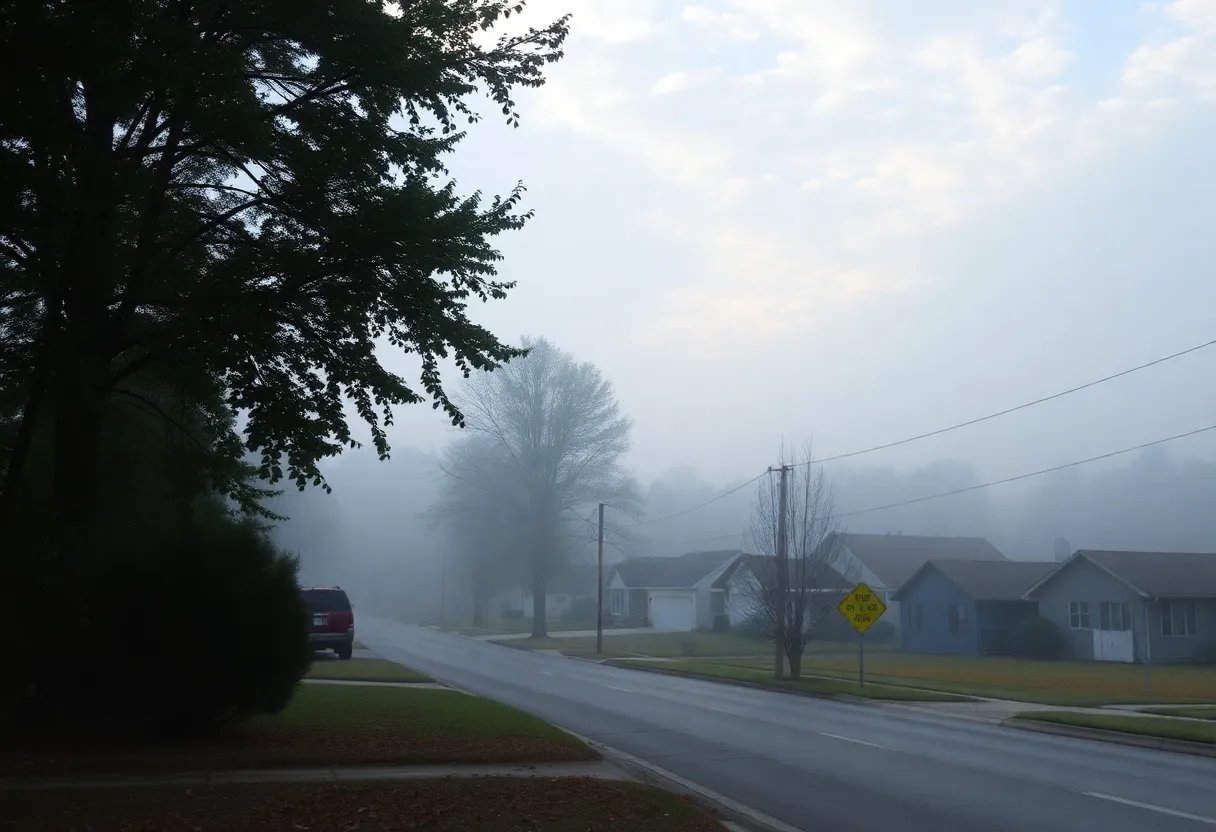 A foggy morning in Lexington, South Carolina with soft clouds.