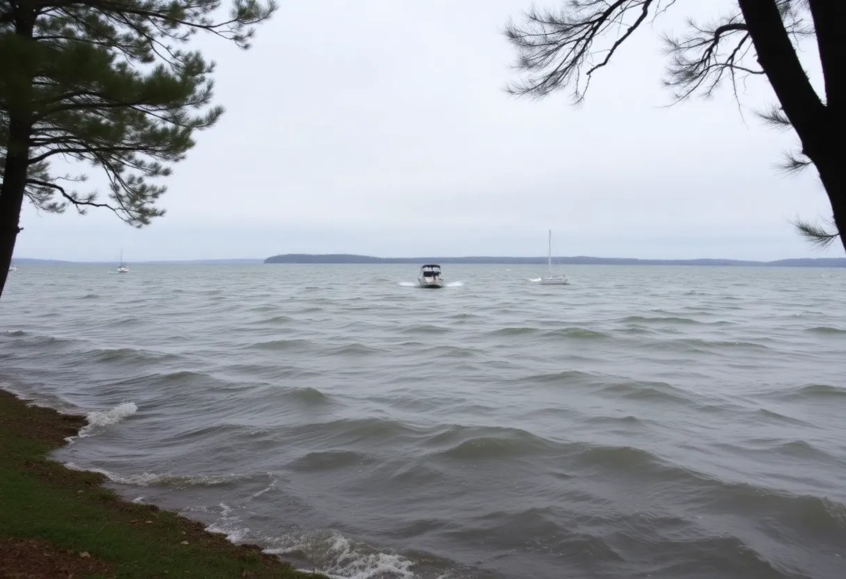 A lake in Lexington, SC, with rough waves due to strong winds