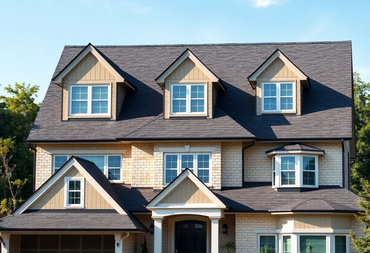 Different roof designs including gable, hip, flat, and mansard on a house
