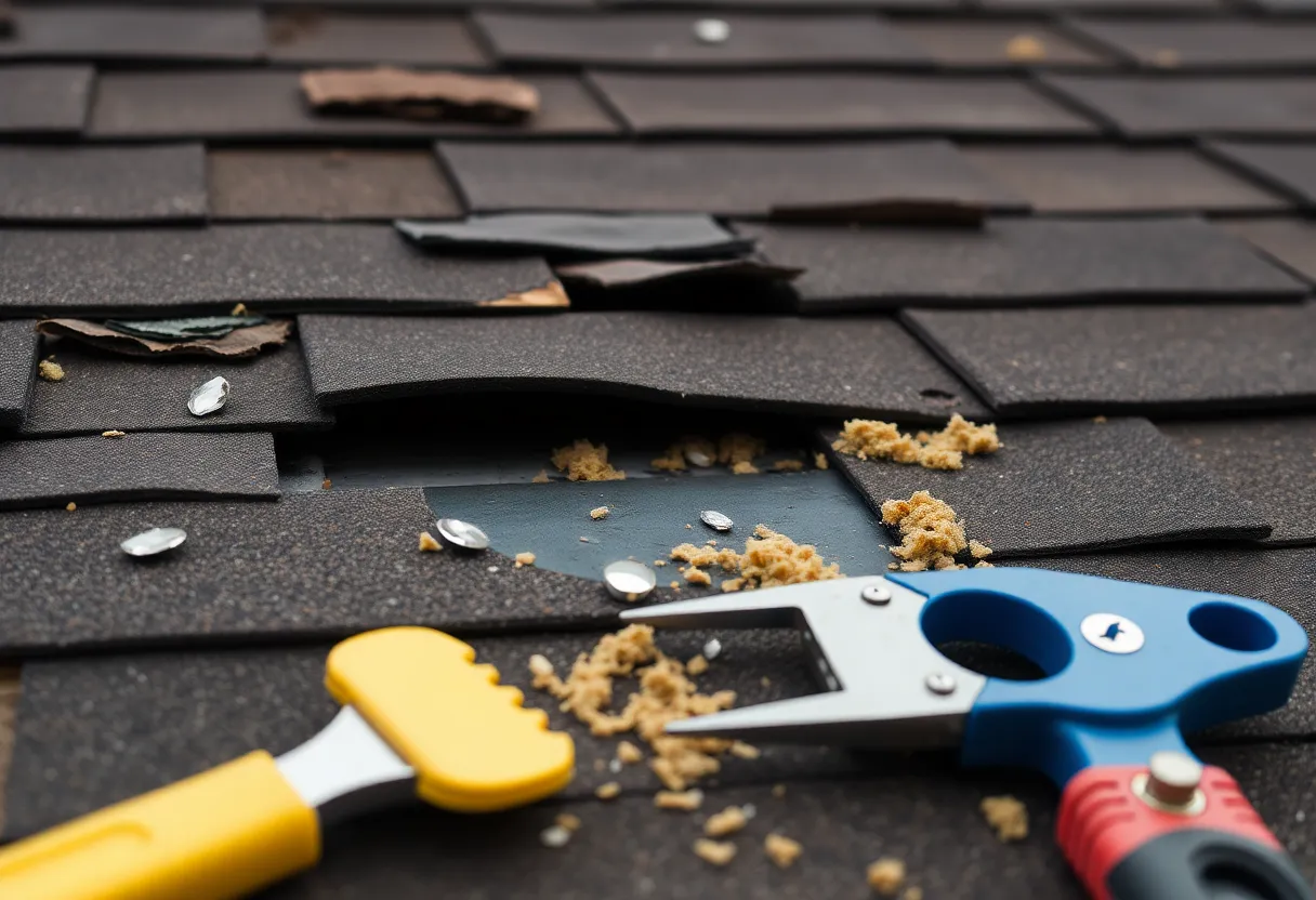 A roof with visible problems like damaged shingles and water stains.