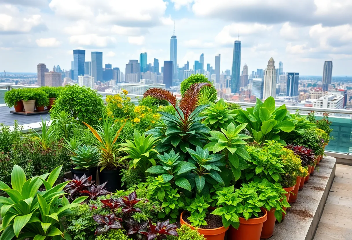A thriving sustainable rooftop garden adorned with various plants and city skyline
