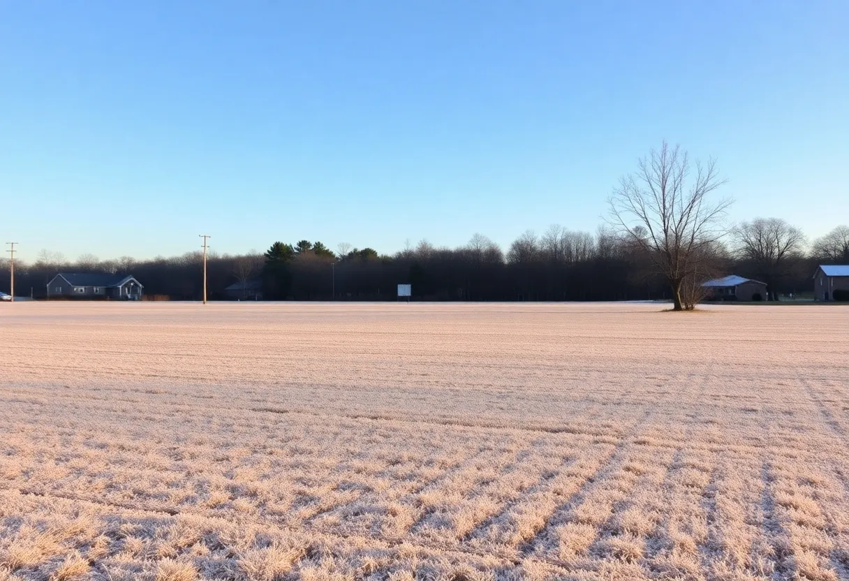 A clear and cold winter morning in Lexington SC with blue skies and frost on the ground.