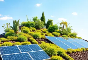 A vibrant eco-friendly roof with plants and solar panels.