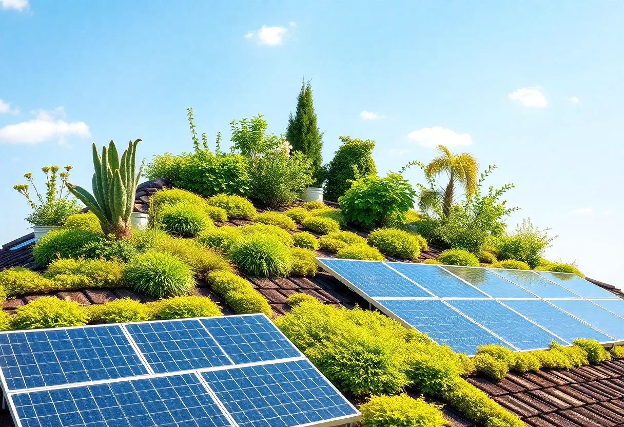 A vibrant eco-friendly roof with plants and solar panels.