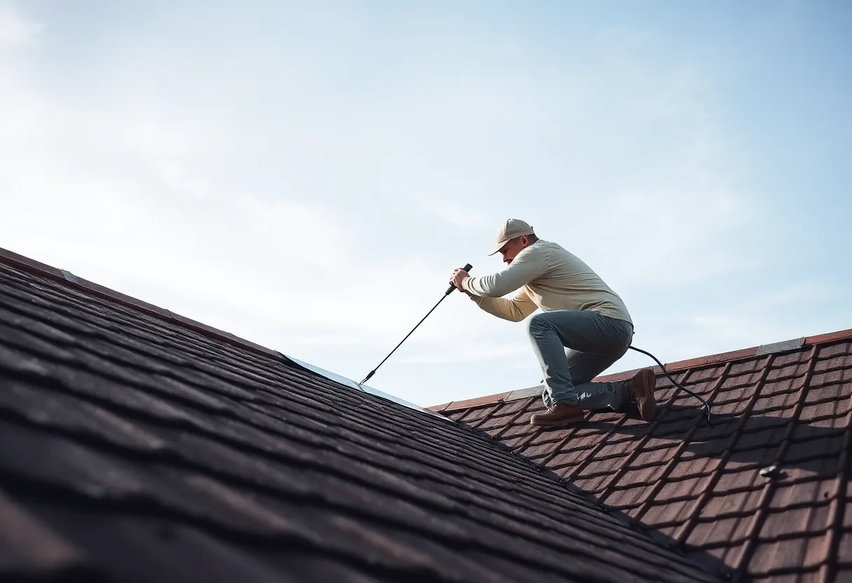 Person applying roof sealant on a sunny day