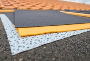 Display of various roofing underlayment options including felt, synthetic, and rubberized asphalt.