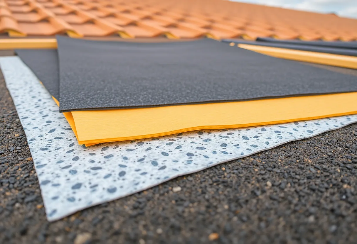 Display of various roofing underlayment options including felt, synthetic, and rubberized asphalt.
