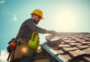 A person installing a roof safely using harnesses and proper materials.