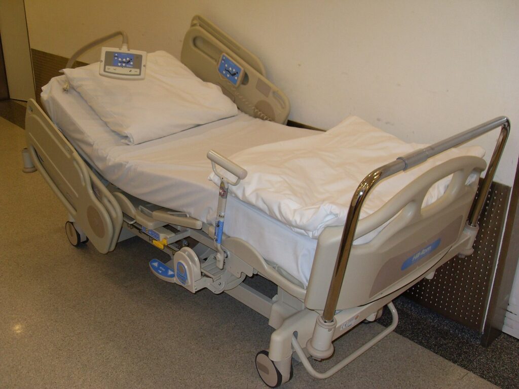 Empty hospital bed in a patient room
