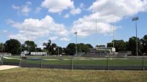 High school football field and stadium lights